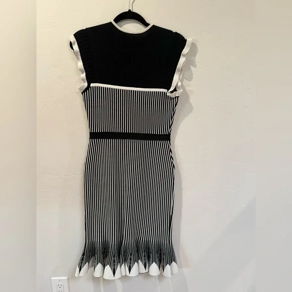 Shoshanna Sinead Knit Fluted Hem Dress Black White Size Small - Picture 4 of 7